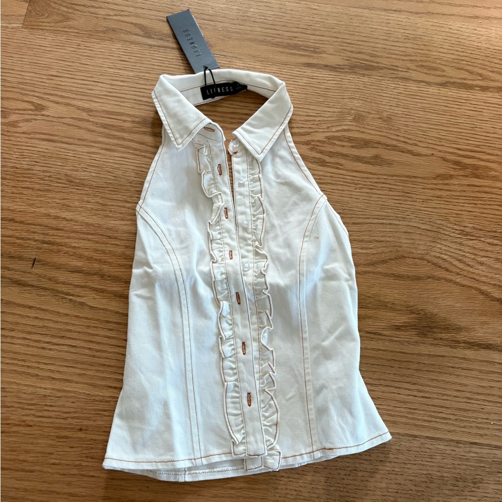 Lioness White Ruffle-Front Halter Collared Top